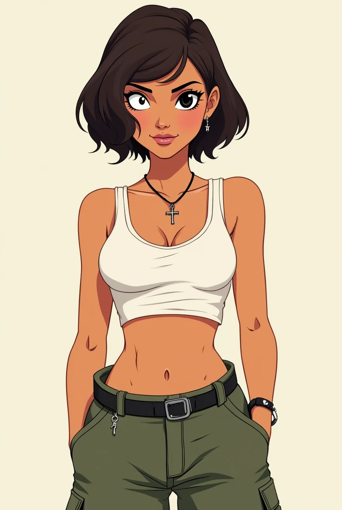 One with short dark brown hair, white and black eyes. She is wearing a short white tank top and a cross necklace., cargo and military pants. Make her 2d like a Sheera character