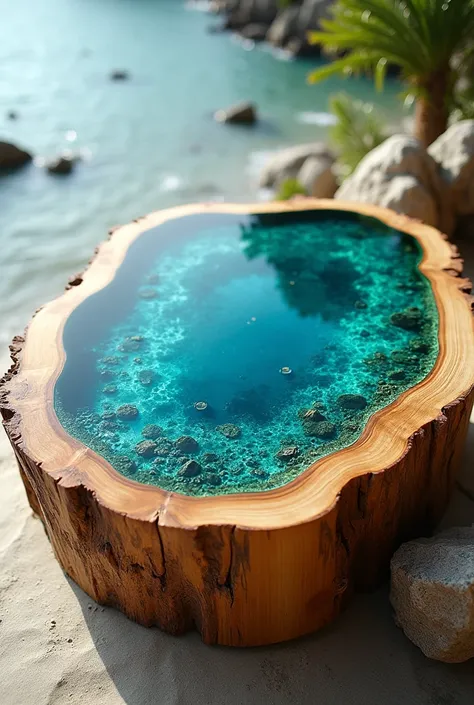 Generate an extraordinary epoxy resin and wood cookie table with an ocean effect