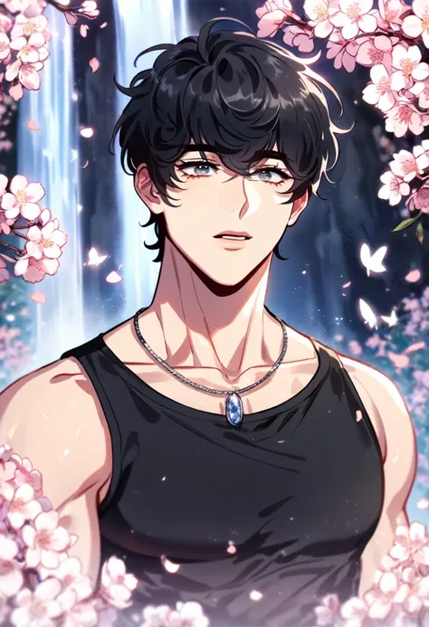 absurdres, highres, ultra detailed, HDR, master piece, best quality, detailed eyes, delicated features, Manhwa Style, Eli Jang, black hair, with bangs, expressive gray eyes, Lookism, solo, sexy man, handsome, sensual, adult face, black tank top, necklace, ...