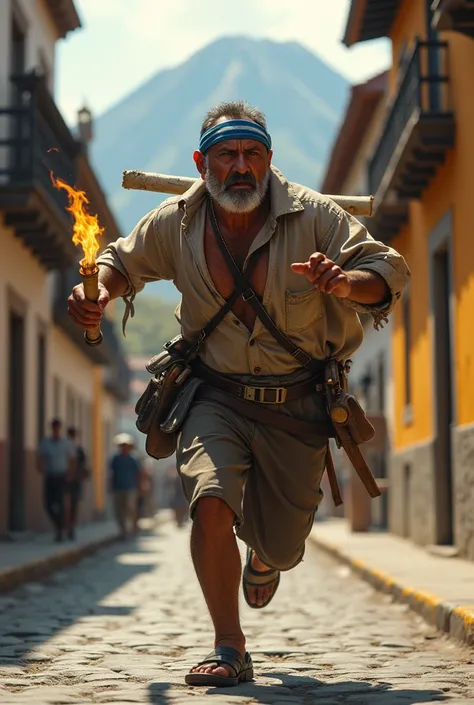 A ugly skinny man from Guatemala with 40 years old is running in 1821 at antigua Guatemala with military  blue and withe cloth  of that time and a huge torch in one hand and a Big papiro paper in the other one The man has guns on that time. The man also ha...