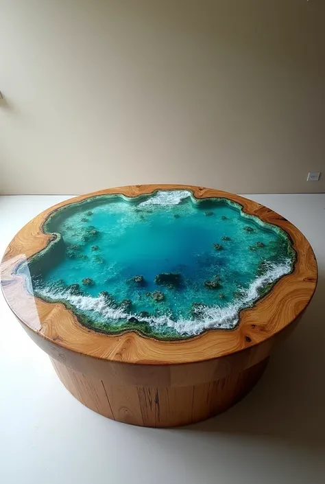 Generate an extraordinary epoxy resin and wood cookie table with an ocean effect. It should look unique