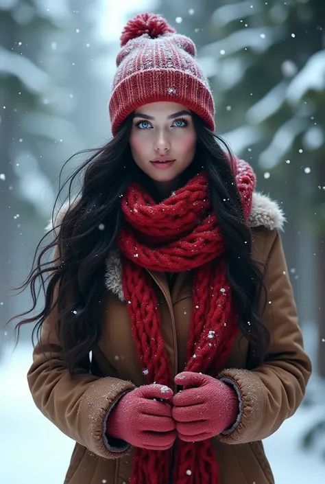 young woman, beautiful, perfect, long black hair, blue eyes, gorgeous, fuzzy hat, red fuzzy scarf, snow gloves winter outfit, dynamic pose, cold, pine forest background, blizzard, snowflakes, realistic, detailed, photography, great lighting, 4k, realistic,...