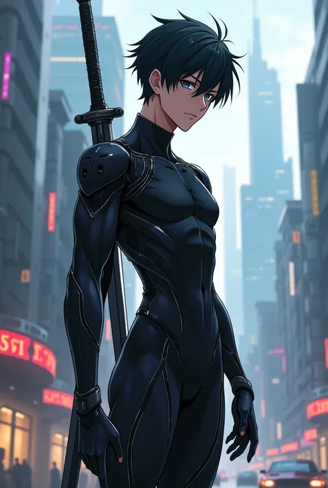 Create a full body male anime character in black clothes in a futuristic city with a sword on his back 