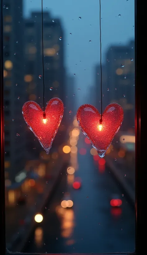 Two heart-shaped raindrops on a window, reflecting the soft glow of city lights at night, creating a cozy and romantic atmosphere