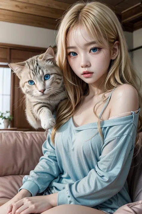 rose member of korean band blackpink, blonde and wavy hair reaching her shoulder blue eyes playing with her cat on the living room sofa