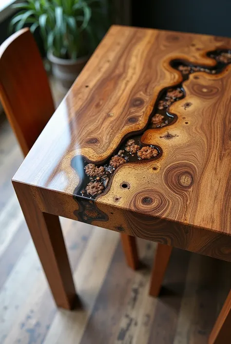 Generate a stunning epoxy resin table and chairs made with the combination of wood cookies