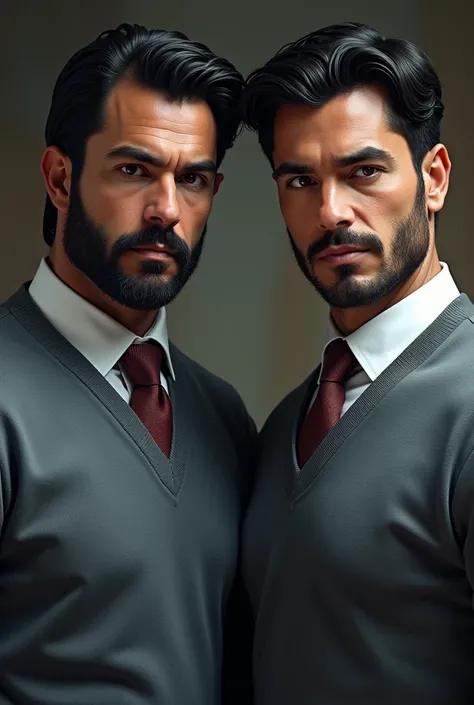 2 male teacher, serious, high, moreno, Black hair, with grey sweater 