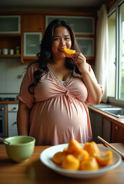 Pov view of fish camera when a pregnant mother from Indonesia has a plus size body wearing a house dress, curvy is mukbanging petai and eating it in the kitchen of her dining table. HD, masterpiece