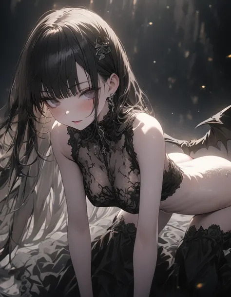 masterpiece、masterpiece, , , masterpiece,Gothic Lolita Girl, Detailed facial features, Delicate lace dress, Pale skin, Long black hair, Dramatic Lighting, Film composition, Very detailed, 4K, Dynamic bow posture(Naked body), Sexy
