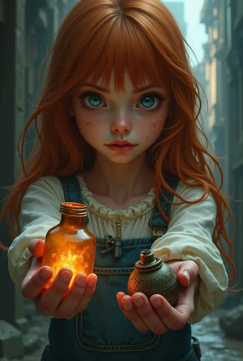 A ten-year-old girl with a fringe of red hair, extremely blue eyes with lots of freckles. Sagara holds a voodoo bottle in one hand and a bomb in the other..brown hair, 