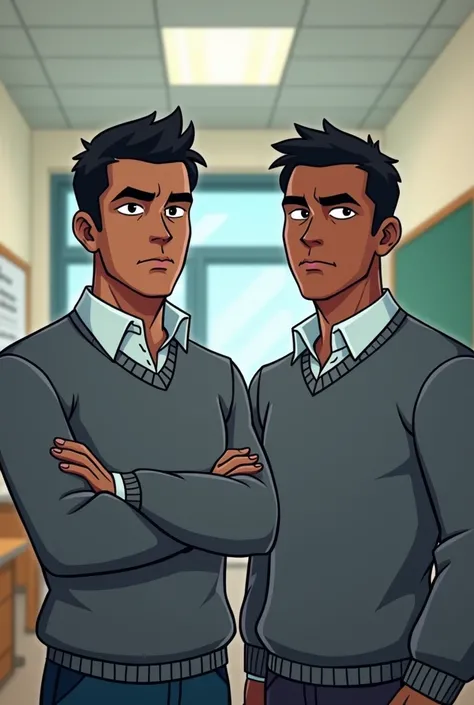 2 male teacher, serious, high, moreno, Black hair, with gray sweater cartoon
