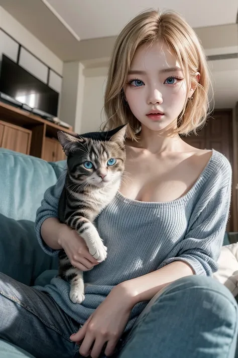 rose member of korean band blackpink, short wavy blonde hair reaching her shoulder blue eyes playing with her cat on the living room sofa