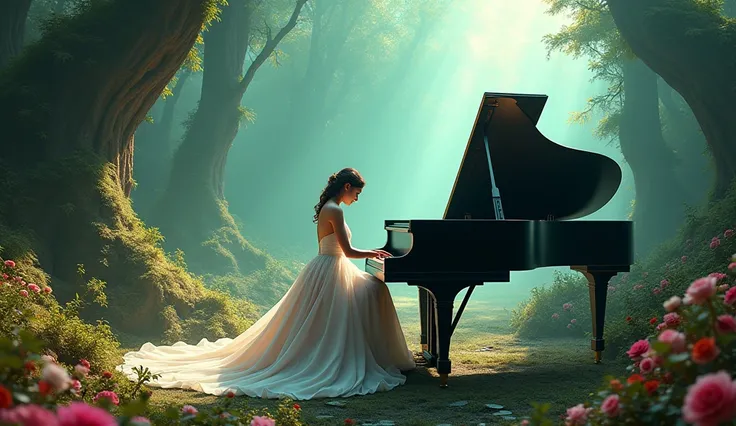 (photorealism:1.2),a woman in a flowing gown playing a grand piano in the middle of a lush landscape, vibrant colors, dreamy atmosphere, surrealism, high detail, cinematic lighting, enchanting scenery, 4k resolution, masterpiece