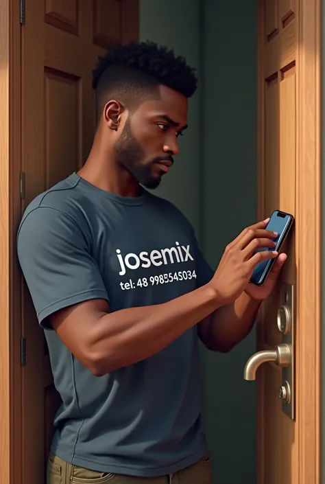 A young black Sidney man installing a digital lock on a wooden door. with t-shirt "JOSEMIX
Tel: (48) 998545034"