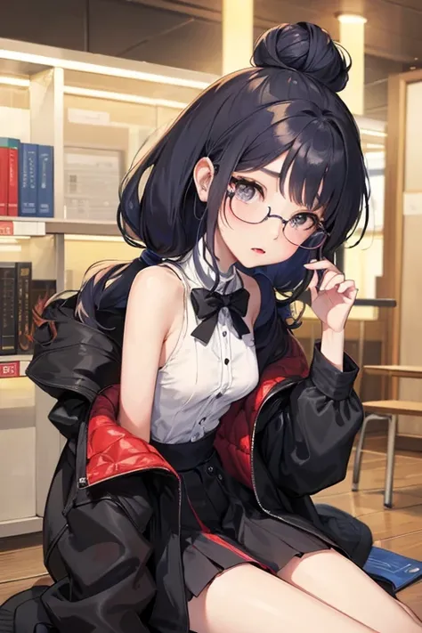 Yuna is extremely shy, with an introverted and reserved nature. She works as a librarian. Long matted hair that is dark blue or black, glasses, Bun, Slim figure, small breasts, small, age 17 years, Magic student style clothing in various colors, casual, no...