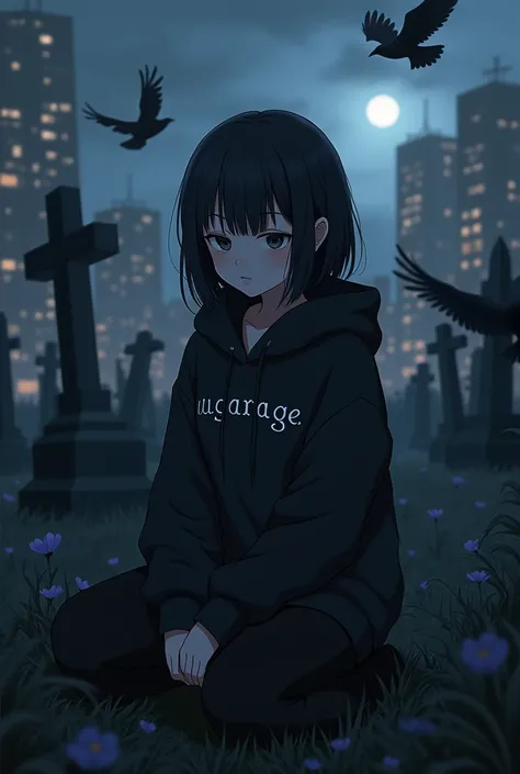 A girl sit on cemetery,black clothing,dark city,crows,angarage text on hoodie,Tränen, darkAnime, Anime-Stil, 