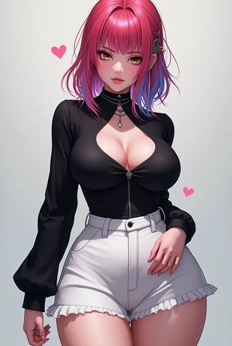 E-girl with dyed hair, huge and big breasts, wearing a long black tight blouse, wearing a short white skirt