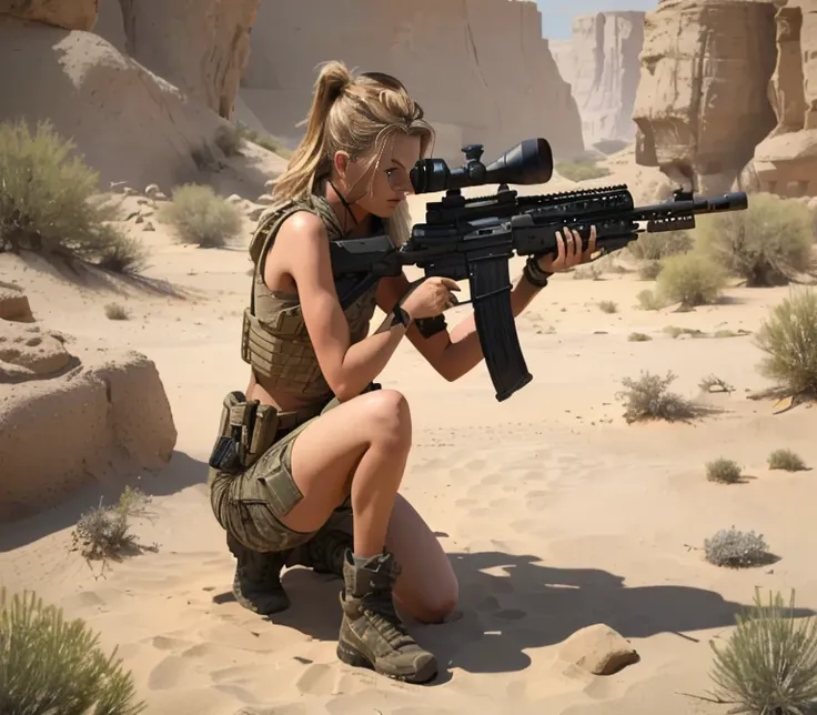 arafed woman kneeling down with a rifle in a desert, with rifle, of a sniper girl in war, starship-troopers-rifle, cinematic —ar 16:9, carrying a rifle, realistic weapons, holding a rifle, ( ( mads berg ) ), shooting pose, heavily armed, with pistol, holdi...