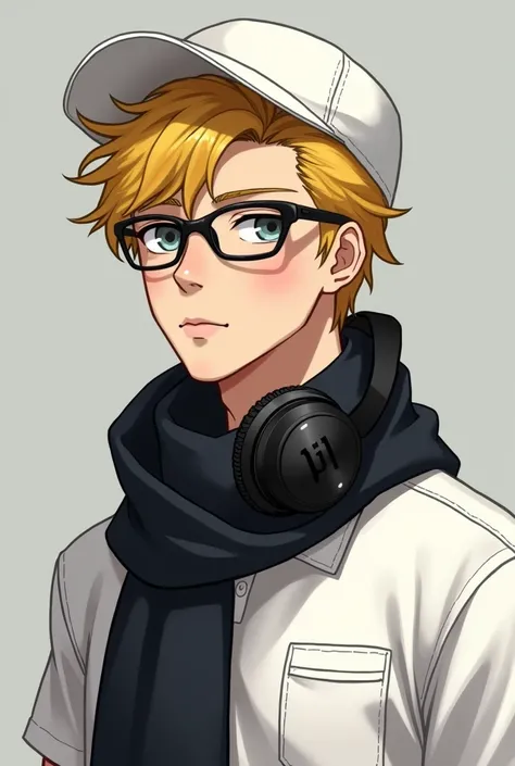 Yellow blonde hair, black headphones, white polo shirt, glasses, black scarf and white cap and that it be masculine