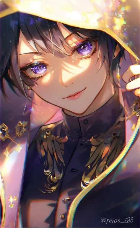 The character Teen Boy and stylized appearance, with short purple hair and a slightly falling fringe in the front, adorned with white details resembling crystals or shimmering strands. Their large, purple eyes are emphasized by intricate makeup in shades o...