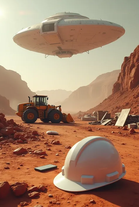 In the background, a construction site on the planet Mars is a loader loading land., a white construction helmet fallen on the floor and some projects and a cell phone fallen on the floor an alien ship hovering in the air