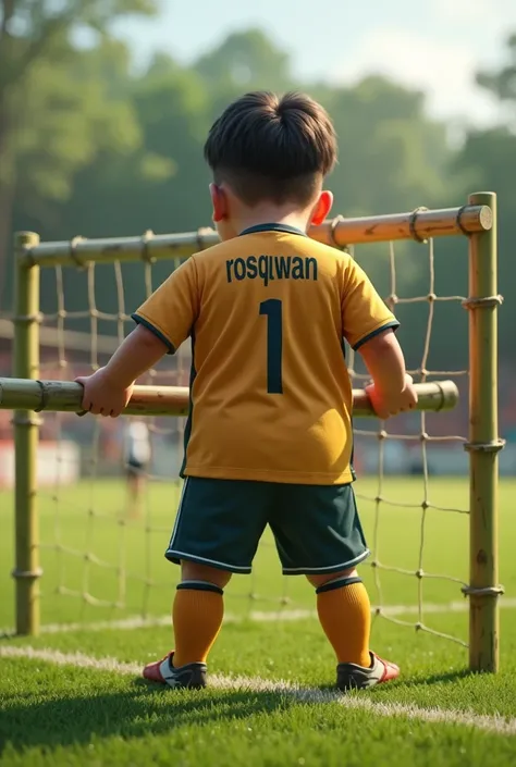 Creates a high-quality image, hyperrealistic, of a chubby young man, dressed in a soccer uniform that says Dayan Rosquilla on the back,  Building a soccer goal with bamboo,  on a soccer field