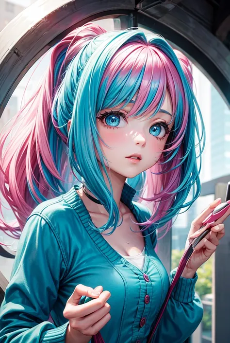 Woman with cyan and pink hair