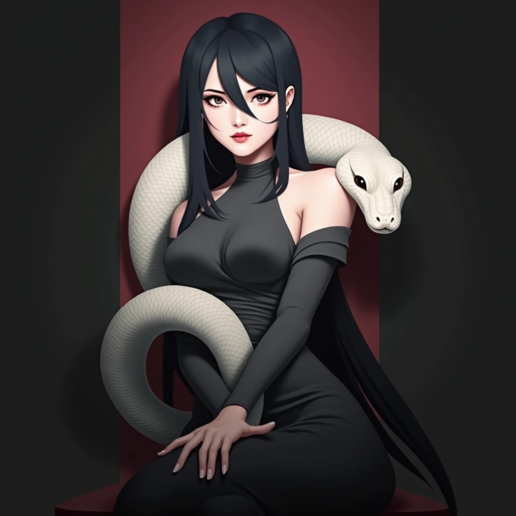 White skinned woman sitting, long straight black hair, wearing a black dress with a huge white coiled snake wrapped around her body