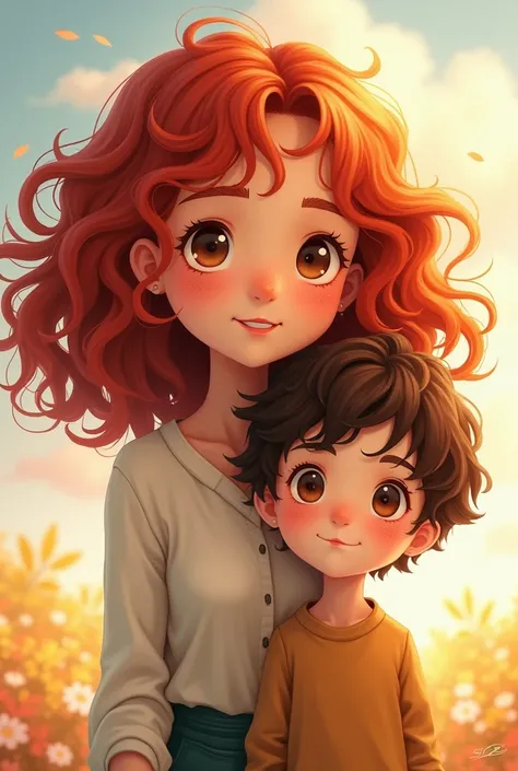 A short redhead with medium curly hair and freckles and a boy with brown hair and eyes, a little chubby, more adult anime 