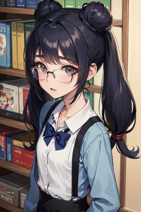 Yuna is extremely shy, with an introverted and reserved nature. She works as a librarian. Long hair with dark blue or black pigtails, glasses, Bun, Slim figure, small breasts, small, age 17 years, Magic student style clothing in various colors casual