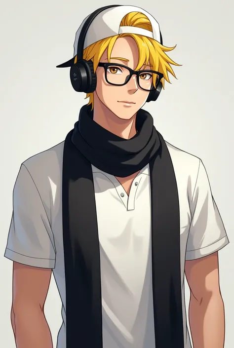 Yellow blonde hair, black headphones, white polo shirt, glasses, black scarf and white cap and that it be masculine