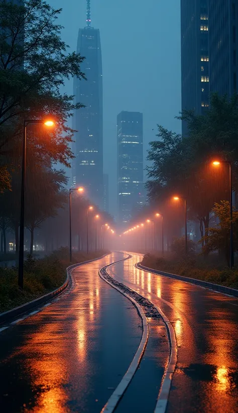 A night-time road with glowing streetlights reflecting off the wet pavement, as the city skyline twinkles in the background, giving a peaceful yet vibrant urban aesthetic.