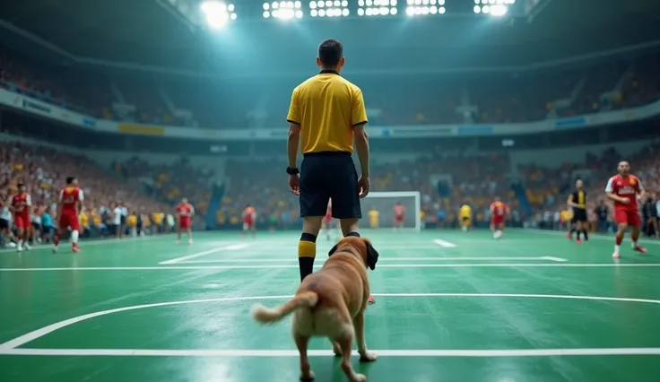 on a futsal court, the referee, stops the match, with the arrival of a dog, cinematic, realistic, 4k