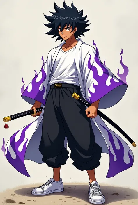 a young man with brown skin,
brown eyes,
big black hair He wears a white kimono with purple flames, a white t-shirt underneath, basic black pants and regular sneakers with two swords at the waist.
anime
