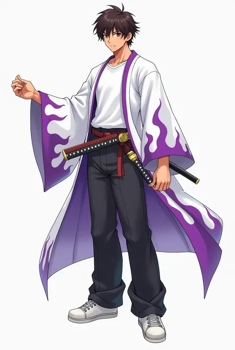 a young man with brown skin,
brown eyes,
big black hair He wears a white kimono with purple flames, a white t-shirt underneath, basic black pants and regular sneakers with two swords at the waist.

