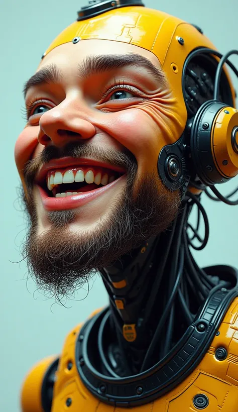 Create a hyperrealistic image of a blue and orange cyborg man with his entire head visible, Take a medium close-up shot and he is facing forward and he is laughing and happy, he has a human face and a wire beard.