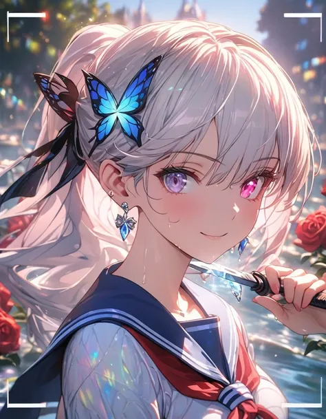 (masterpiece), (), (A garden full of red roses in the background, Silver Hair, Front ponytail, Eye Reflection, Red contact lenses, Pink Eyes,Heterochromia， Wearing earrings, Blue crystal pendant，Smile, Hairband，High Detail, , Depth of Field, spark, Ray Tra...