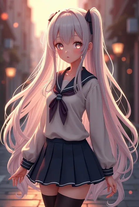 a beautiful young anime girl, detailed white hair, detailed white eyes, high school uniform, black thigh-high stockings, intricate details, beautiful detailed face, hyper realistic, photorealistic, masterpiece, 8k, ultra-detailed, vibrant colors, soft ligh...