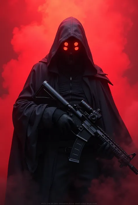 scp overlord, black tactical suit, tactical mask with 4 red lens, and a cloak holding assault rifle, with a neon red background and smoke with forming clouds detailed face, intense expression, dynamic pose, 4k, high quality, masterpiece, hyper detailed, ci...