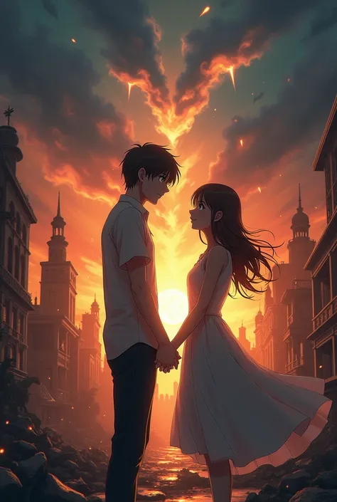 Situation is the end of the world this couple know that it is the end that they will die but still they hold hands and pretend to be together the last moments anime aspect that shows the anguish and chaos everything came to an end 