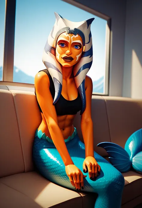 ahsokatanoxl, blue eyes, tentacle hair, orange skin, colored skin, facial mark, solo, mermaid, mermaid tail, scaly tail, sits on...