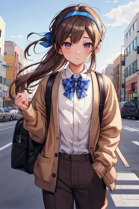 Adonis, Headband,brown cardigan, 연brown cardigan , Light blue pants ,Point light brown, Ribbon sky blue, 리본 Point light brown, white shirt, uniform, wind, beige, Covered head, Black hair, Permed hair, Web show, school, personality,Contribution, Web show처럼,...