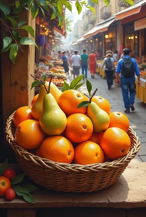 Do an orange and Pear drawing for an art Course work in a basket in a market place without making is seems generated