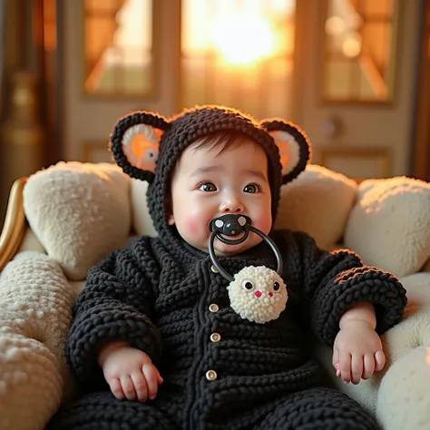 Korean baby with light green eyes with very pale skin and red cheeks a black sheep suit with a mouse pacifier sitting on a luxury sofa with 60k quality sunset light