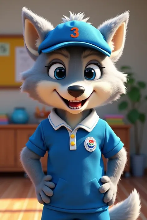 create a mascot for a 3rd grade elementary school, a wolf in a blue uniform with the following writing 3rd year D for interclass

