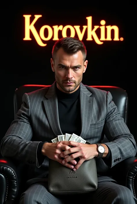 realistic photo of russian man , age 30 years, ROLEX watch on hand, in a solid grey striped jacket, professional photo, studio light, black background, haircut short like in the army, the bang line is straight, businessman, sits in an expensive designer bl...