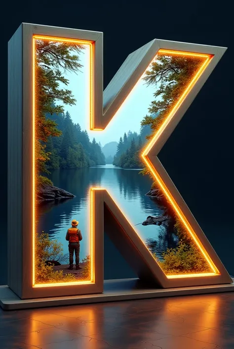 Large 3D letter K bordered in gold filled with a landscape of trout fishing on a lake with a fisherman wearing hat and life jacket inside with a fishing rod, black background with neon style lighting