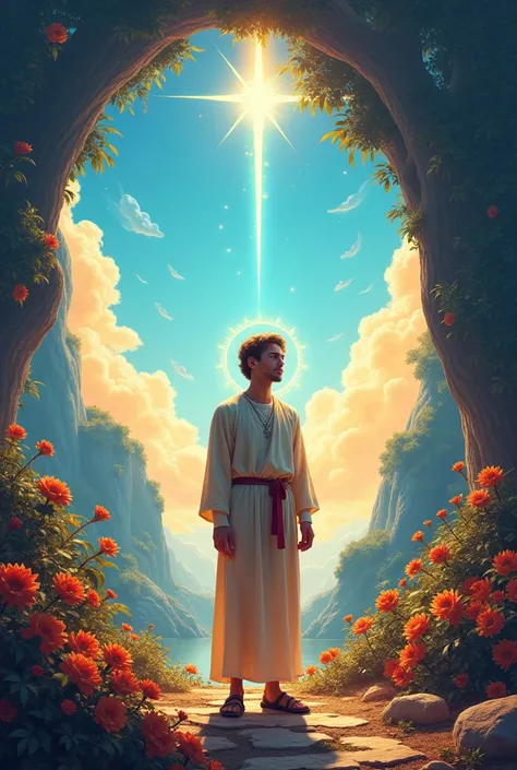 creates an image in 16:9 format with a space in the center to put letters, the theme is the parable of the rich young man from the Bible with bright colors