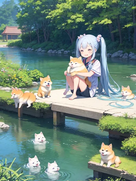 Light blue long hair、beautiful girl with twin tails、Wearing shorts、Very happy smile、Large in the center、Playing with a Shiba Inu in the river、Dogs are also happy、Chibi Character、blue sky、Beautiful flowers blooming along the river