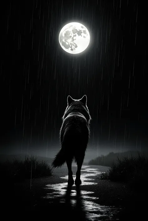 Design where a wolf walks in the rain, looking towards the horizon, with the full moon reflected in puddles and the phrase simply "Keep walking". The background must be black and the drawing with white lines.